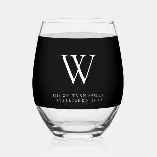 Verre À Vin Sans Pied Famille Monogramme Nom Modern Black