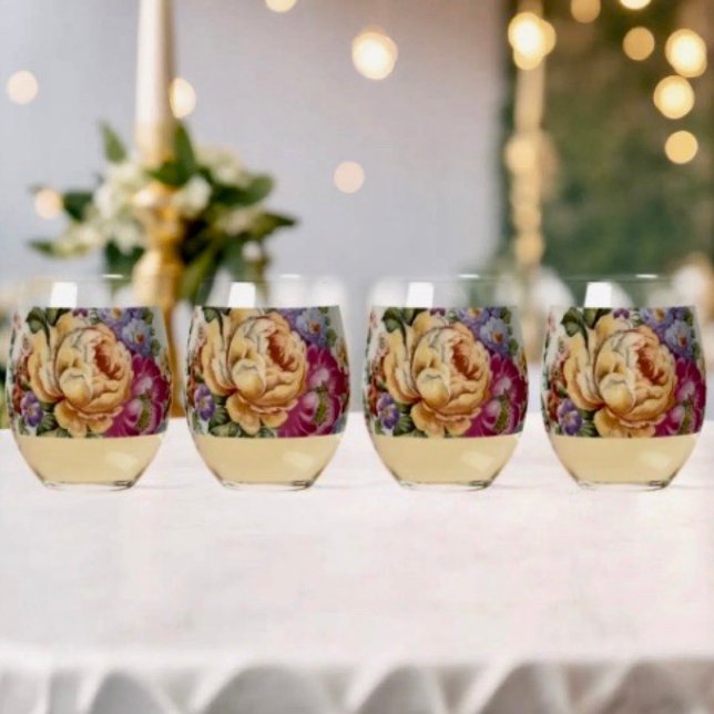 Verre À Vin Sans Pied Fantaisie Florale   (Floral Fantasy Stemless Wine Glass Dimensions: 4.25” height x 3.375” diameter 16 oz capacity. )