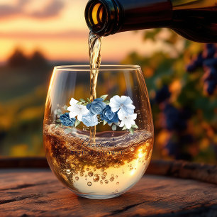 Verre À Vin Sans Pied Fête de Mariage Florale à l'Aquarelle Bleu Poussié