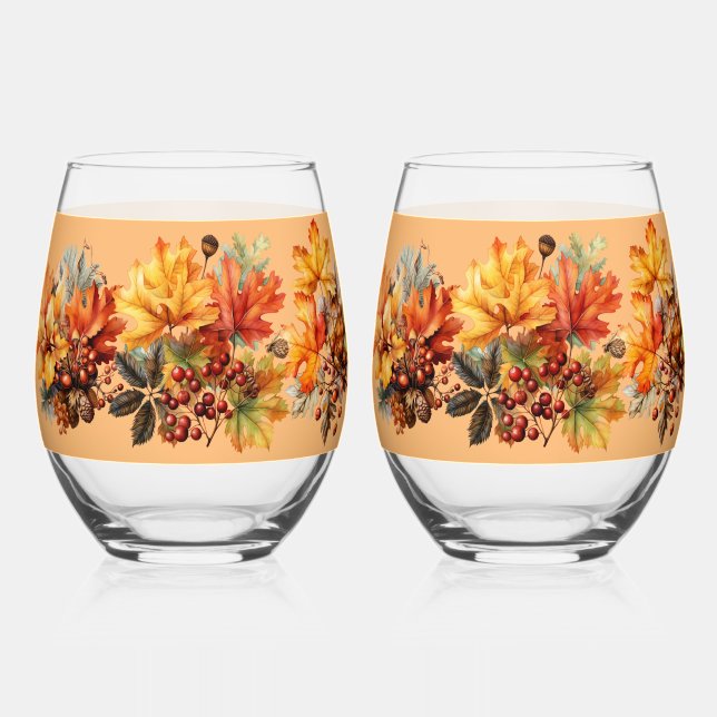 Verre À Vin Sans Pied Feuilles d'automne Berries Pinecones (Recto)