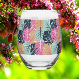 Verre À Vin Sans Pied Feuilles de Palmiers Tropicaux en Rose et Bleu S