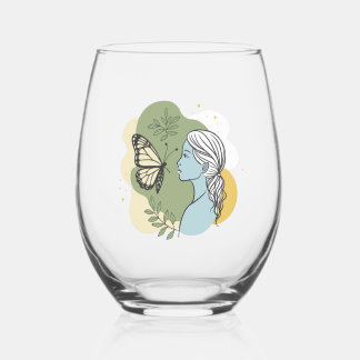 Verre À Vin Sans Pied Fille et papillon. Doux et romantique