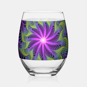 Verre À Vin Sans Pied Fleur Abstraite Moderne de Fractale de Vert Pourpr