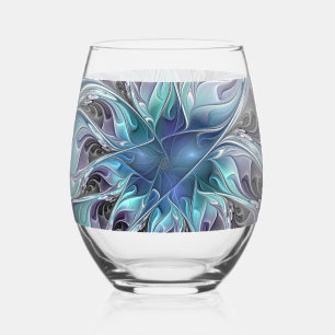 Verre À Vin Sans Pied Fleur fractale moderne abstraite avec du bleu