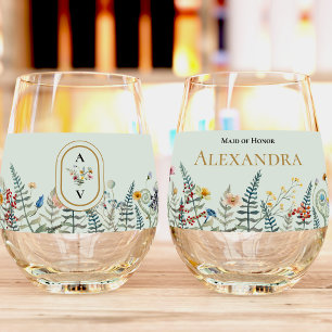Verre À Vin Sans Pied Fleur sauvage vintage Fern Mint Green Bride Party