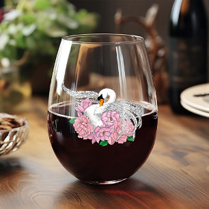 Verre À Vin Sans Pied Fleurs roses cygnes blanches