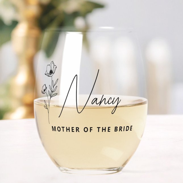Verre À Vin Sans Pied Floral Personnalisé Mère de la mariée (Simple Modern Mother of the Bride Floral Stemless Glass, Mother of the Groom Gift, Wedding Party Set)