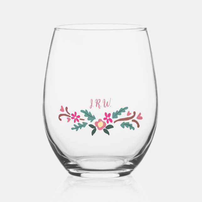 Verre À Vin Sans Pied Florales rustiques avec initiales (Recto)