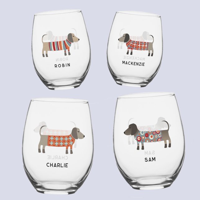 Verre À Vin Sans Pied Fun Dachshund Wiener Sausage Chien Nom Personnalis (Fun Dachshund Wiener Sausage Dog personalized name glasses)