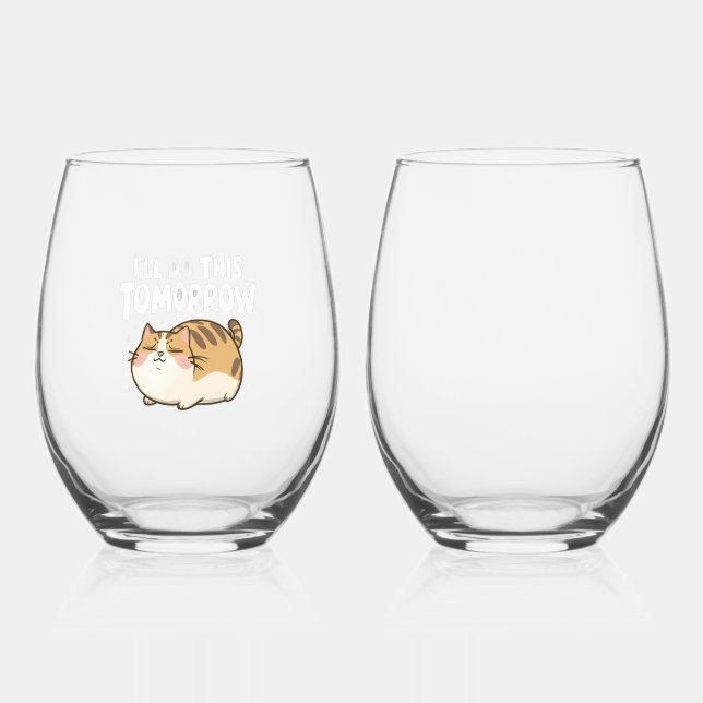 Verre À Vin Sans Pied Funny Lazy Cat -'Je ferai ça demain' (Recto)
