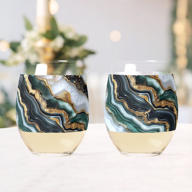 Verre À Vin Sans Pied Géode Vert Noir Or Blanc (Insitu (Mariage))