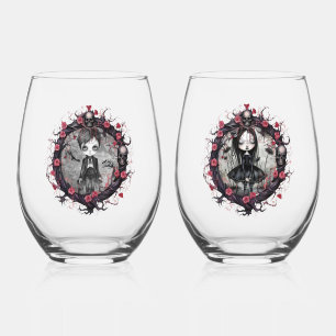 Verre À Vin Sans Pied Gothique Couple Skuls et Rose