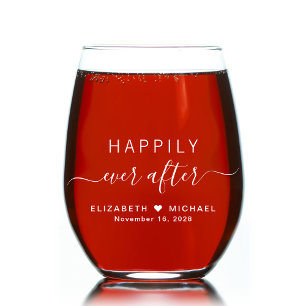 Verre À Vin Sans Pied Heureux toujours après le Mariage de script blanc