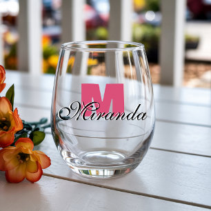 Verre À Vin Sans Pied Initiale de canneberge et nom noir Moderne