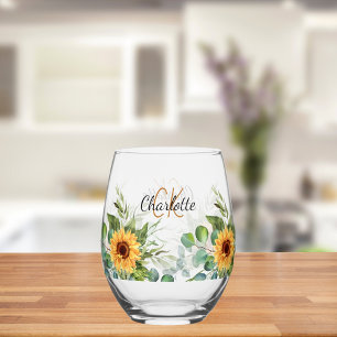 Verre À Vin Sans Pied Initiales de monogramme personnalisé tournesols