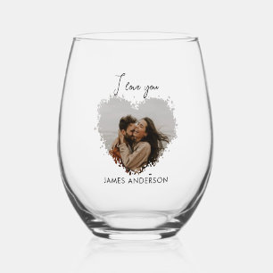 Verre À Vin Sans Pied Je t'aime Nom & Photo de cœur Texte personnalisé
