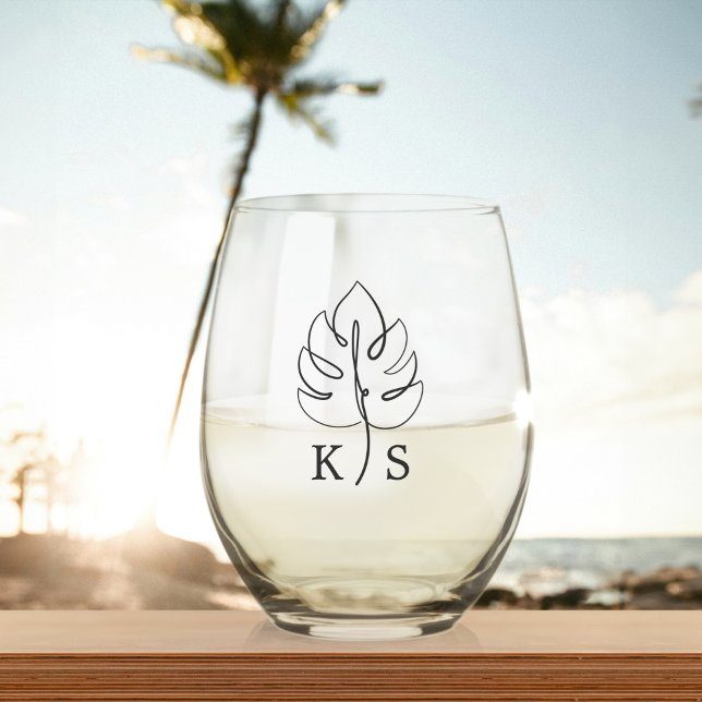 Verre À Vin Sans Pied Logo du Mariage Monogramme Monstera Personnalisé (Créateur téléchargé)