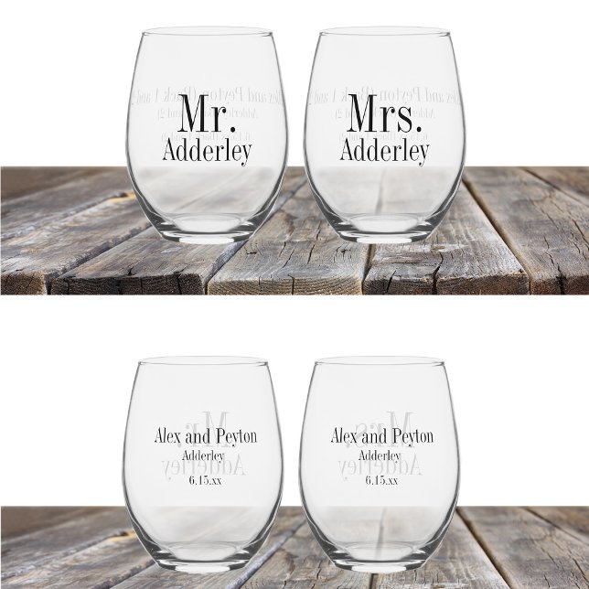 Verre À Vin Sans Pied M. Mme Bride Groom Mariage Customisée (Mr. and Mrs. wedding reception stemless wine glasses customized with your names)