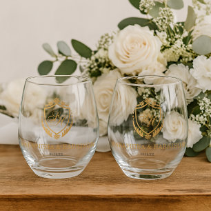 Verre À Vin Sans Pied Mariage à monogramme avec blason orné en or