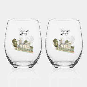 Verre À Vin Sans Pied Mariage à Monogramme Traditionnel d'Église à l'Aqu