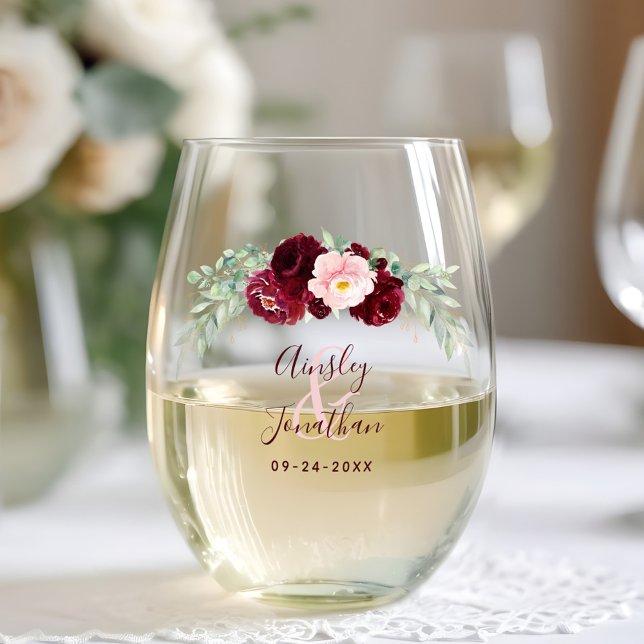 Verre À Vin Sans Pied Mariage de monogramme d'esperie florale de Bourgog (Créateur téléchargé)