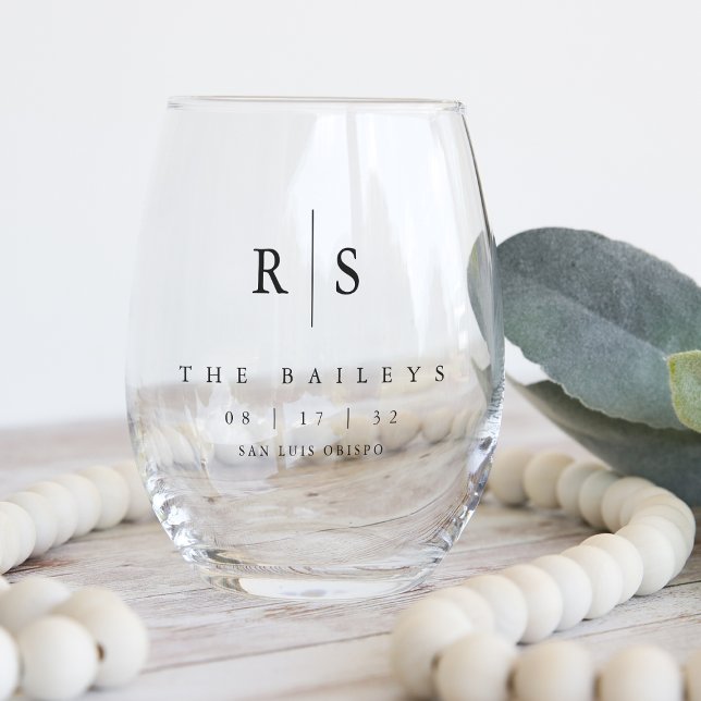 Verre À Vin Sans Pied Mariage de monogramme noir classique (Créateur téléchargé)