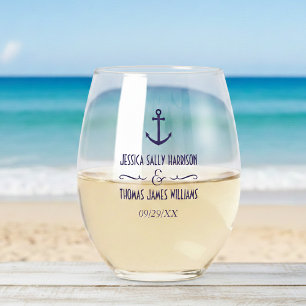 Verre À Vin Sans Pied Mariage élégant bleu marine ancre nautique