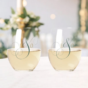 Verre À Vin Sans Pied Mariage élégant émeraude Monogramme Or