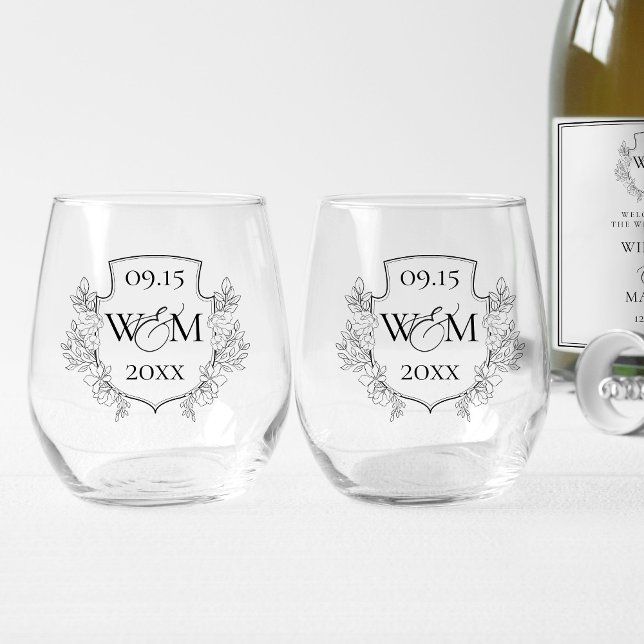 Verre À Vin Sans Pied Mariage Élégant Vintage Monogramme (Elegant Vintage Monogram Wedding Stemless Wine Glass Set)