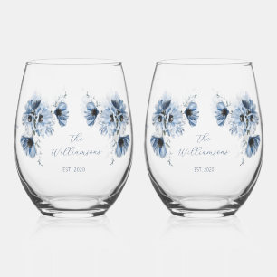 Verre À Vin Sans Pied Mariage Fleurs Bleues Artistiques