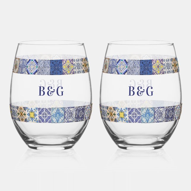 Verre À Vin Sans Pied Mariage Motif de tuiles portugaises méditerranéenn (Recto)
