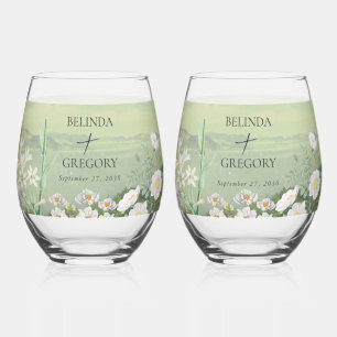 Verre À Vin Sans Pied Mariage Paysage de montagne Fleur sauvage aquarell