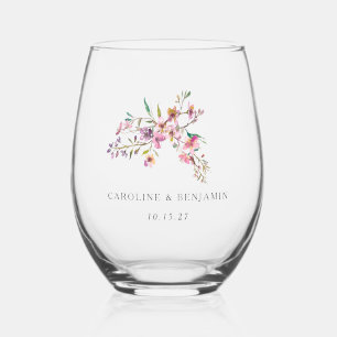 Verre À Vin Sans Pied Mariage personnalisé aux fleurs sauvages roses Boh