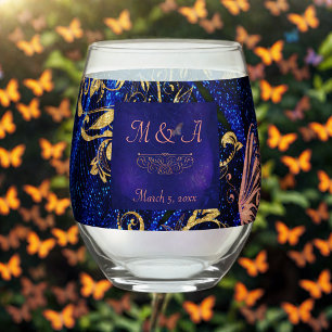 Verre À Vin Sans Pied Mariage Royal Blue Gold Butterfly