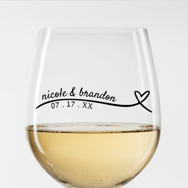 Verre À Vin Sans Pied Mariage simple Black Heart Line (Simple White & Black Heart Wedding Stemless Wine Glass)
