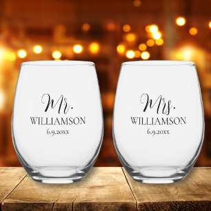 Verre À Vin Sans Pied Mariage simple M. Mme Noms Date Personnalisée