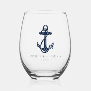 Verre À Vin Sans Pied Mariage Thème Nautique Bateau Ancre Côtière