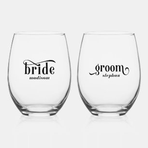 Verre À Vin Sans Pied Mariée, Groom Elégante Typographie Noire