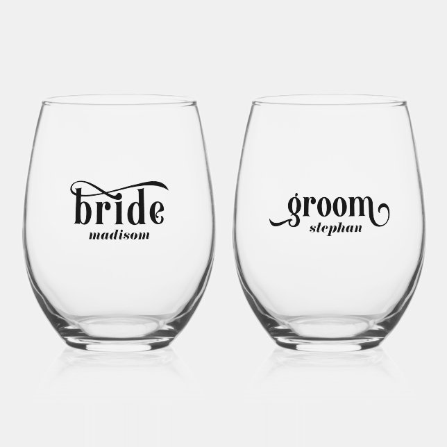 Verre À Vin Sans Pied Mariée, Groom Elégante Typographie Noire (Recto)