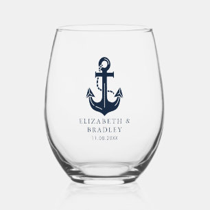 Verre À Vin Sans Pied Mariés Nouvellement Mariés Naudique Bleu Marine An