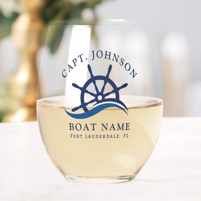 Verre À Vin Sans Pied Marine Nautique Blue Wave Capitaine de vaisseau He (Nautical Blue Wave Navy Captain Ship Helm Boat Stemless Wine Glass)
