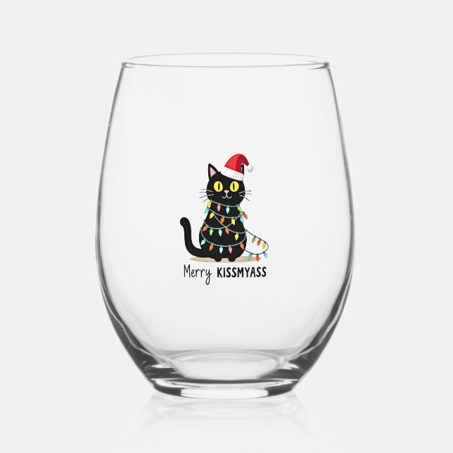 Verre À Vin Sans Pied Merry Kissmyass Funny Cat Christmas Lights Premium (Recto)
