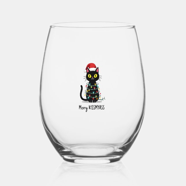 Verre À Vin Sans Pied Merry Kissmyass Funny Cat Christmas Lights Premium (Recto)