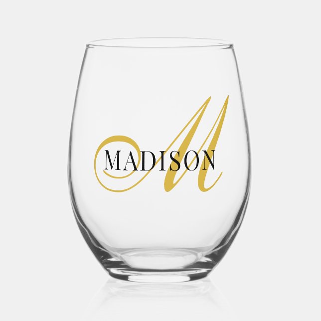 Verre À Vin Sans Pied Modern Black Gold Monogram Script (Recto)