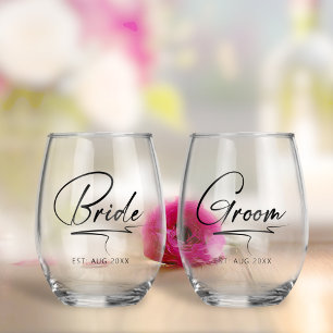 Verre À Vin Sans Pied Moderne Calligraphie Mariée & Salle Noire ID1025