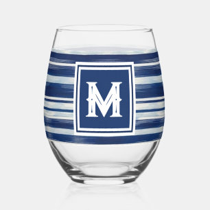 Verre À Vin Sans Pied Monogramme à rayures bleues et blanches