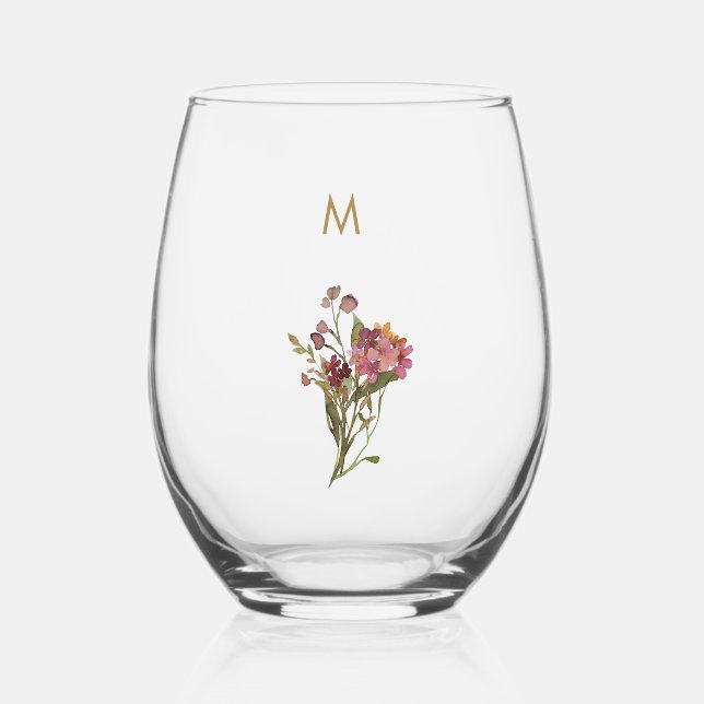 Verre À Vin Sans Pied Monogramme d'aquarelle florale rose-bourgogne mode (Recto)