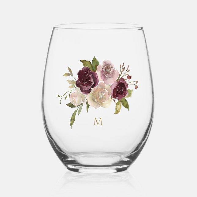 Verre À Vin Sans Pied Monogramme d'aquarelle florale rose-bourgogne mode (Recto)