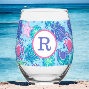 Verre À Vin Sans Pied Monogramme de coquilles de crabes de plage Preppy 