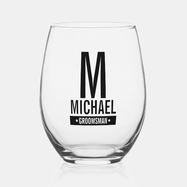 Verre À Vin Sans Pied Monogramme et nom du Groomsman personnalisé (Recto)